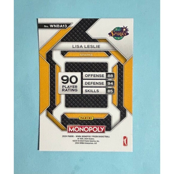 LA SPARKS -LISA LESLIE -2024 Panini Monopoly Prizm WNBA #WNBA13 - Picture 2 of 2
